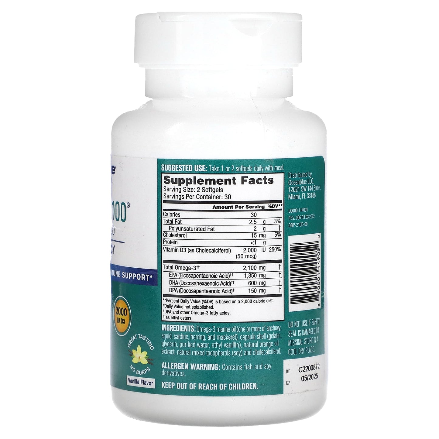 OceanBlue, Professional, Omega-3 2100 With Vitamin D, High Potency, Vanilla, 60 Softgels - Image 2