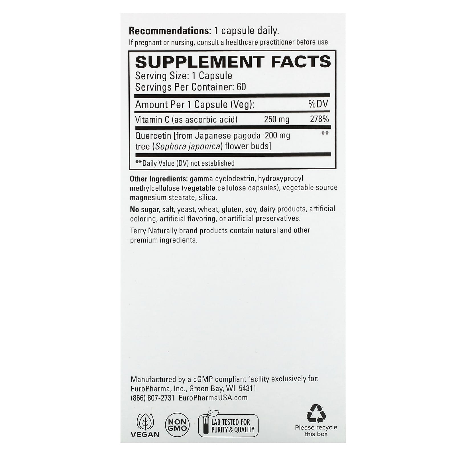 Terry Naturally, Quercetin with Vitamin C, Extra Strength, 60 Capsules - Image 2