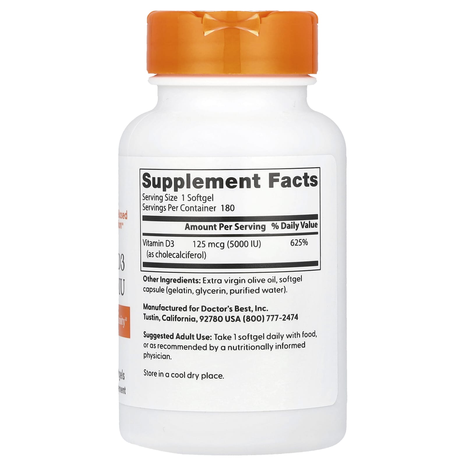 Doctor's Best, Vitamin D3, 125 mcg (5,000 IU), 180 Softgels