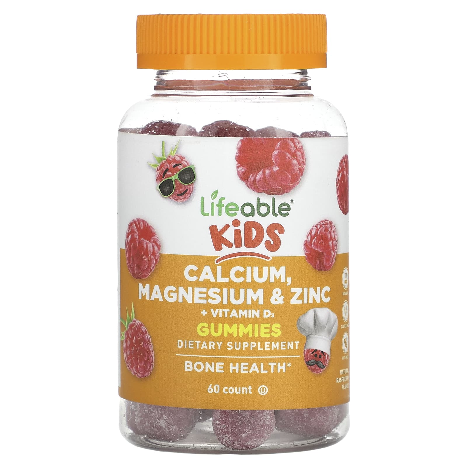 Lifeable, Kids Calcium, Magnesium & Zinc + Vitamin D3 Gummies, Natural Raspberry, 60 Gummies - Image 1