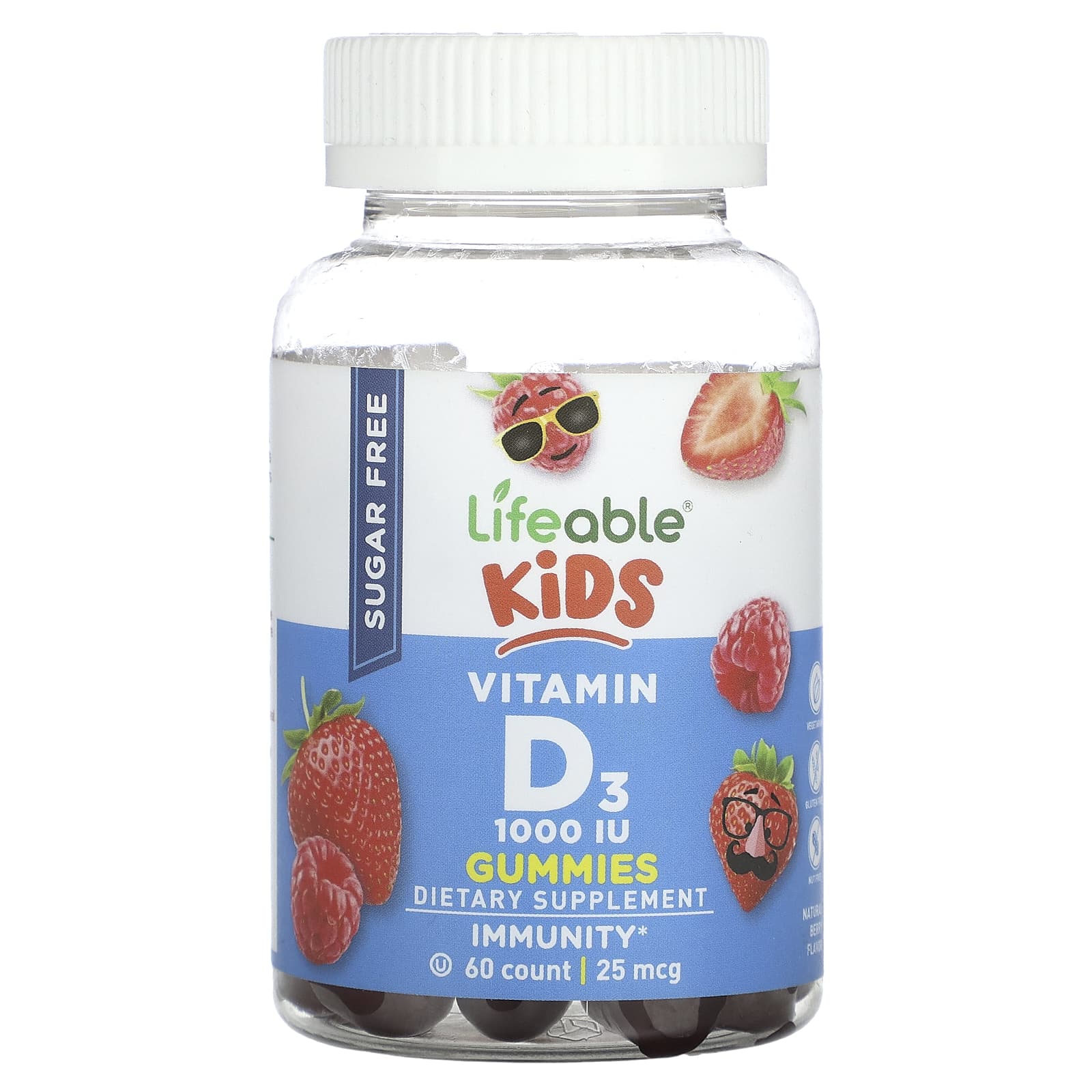 Lifeable, Kids Vitamin D3 Gummies, Sugar Free, Natural Berry, 25 mcg (1,000 IU), 60 Gummies - Image 1