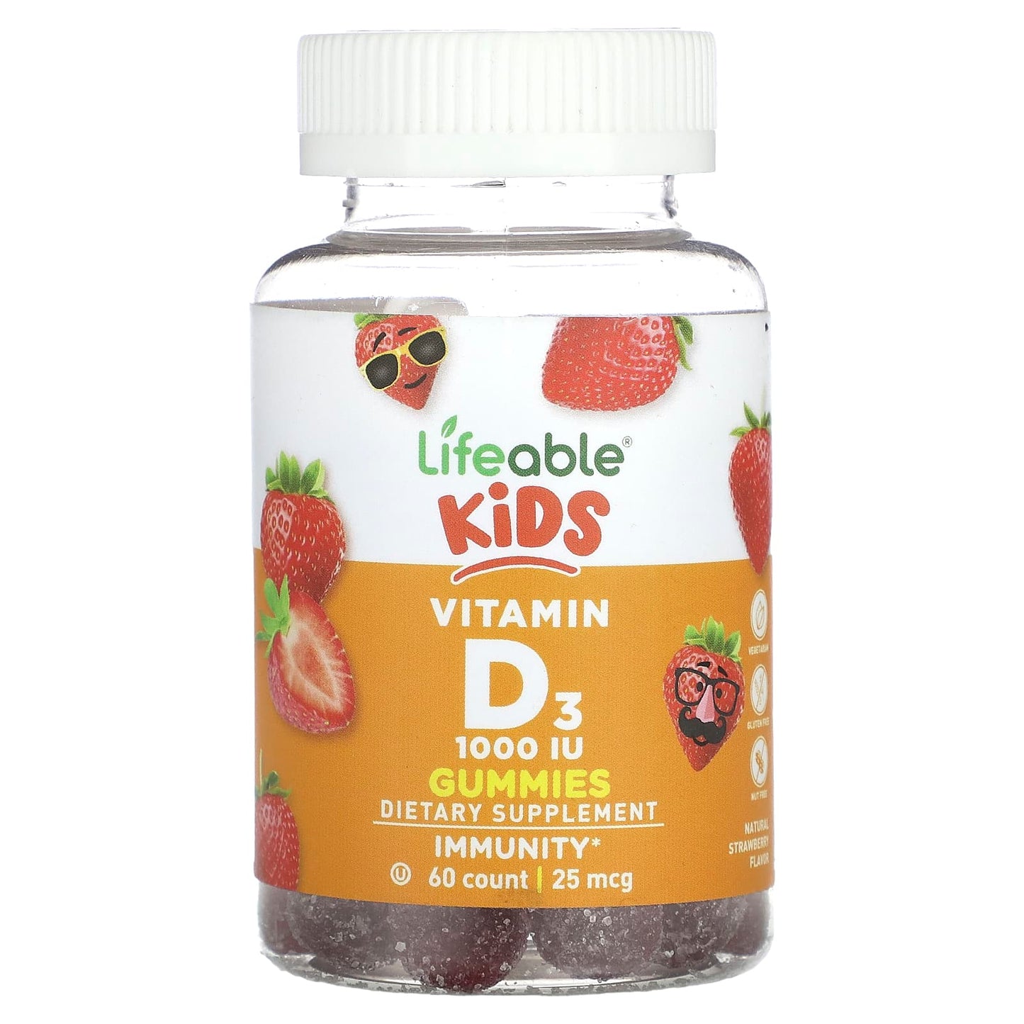 Lifeable, Kids Vitamin D3 Gummies, Natural Strawberry, 25 mcg (1,000 IU), 60 Gummies - Image 1