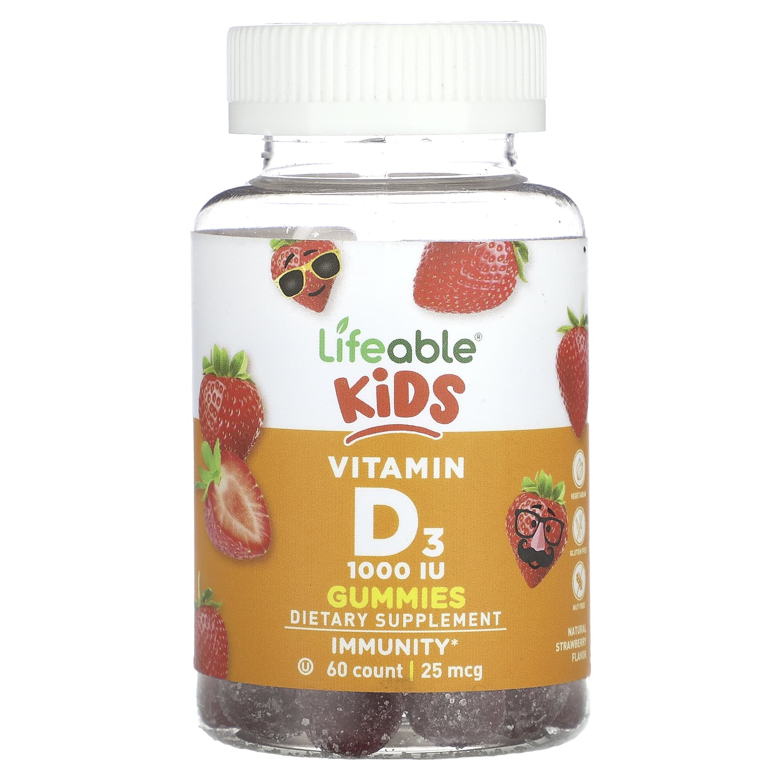 Lifeable, Kids Vitamin D3 Gummies, Natural Strawberry, 25 mcg (1,000 IU), 60 Gummies - Image 1
