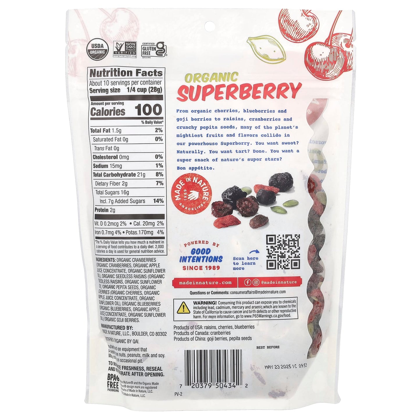 Made in Nature, Organic Superberry, Cranberries, Raisins, Cherries, Peptia Seeds, Blueberries & Goji Berries, 10 oz (284 g) - Image 2