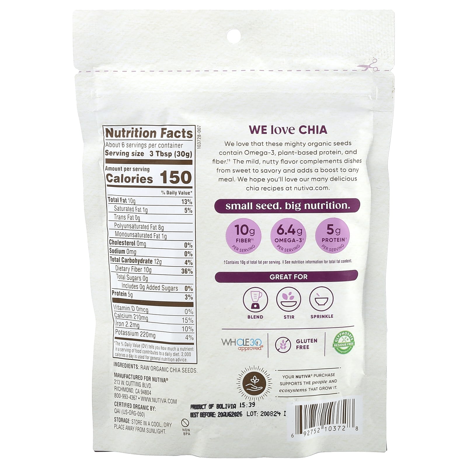 Nutiva, Organic Chia Seeds, 6 oz (170 g) - Image 2