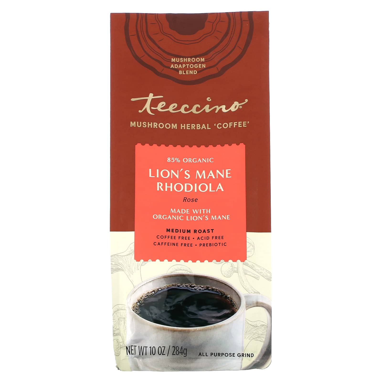 Teeccino, Mushroom Herbal Coffee, Lion's Mane Rhodiola, Medium Roast, Caffeine Free, 10 oz (284 g) - Image 1