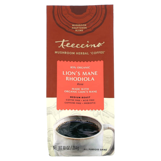 Teeccino, Mushroom Herbal Coffee, Lion's Mane Rhodiola, Medium Roast, Caffeine Free, 10 oz (284 g) - Image 1