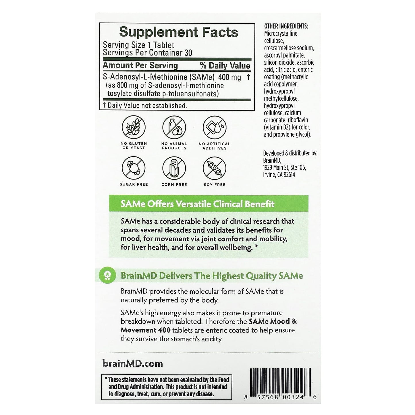 BrainMD SAMe Supplements for Mood & Joint Relief 400mg 30 Tablets - Image 2