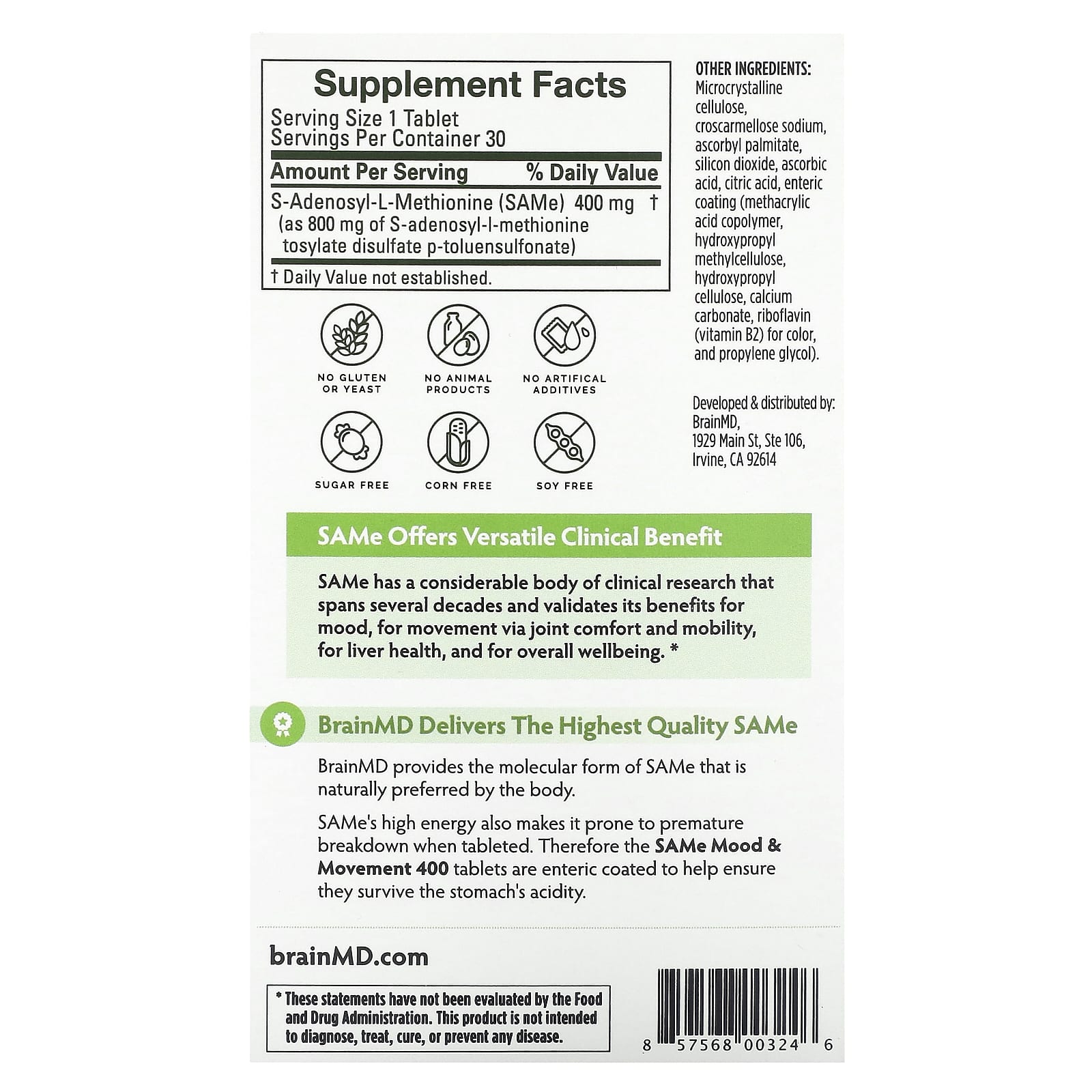 BrainMD SAMe Supplements for Mood & Joint Relief 400mg 30 Tablets - Image 2