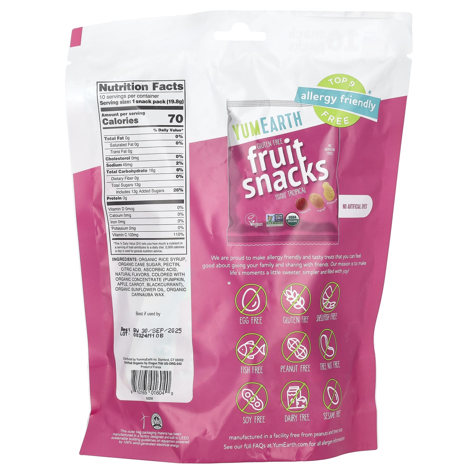 YumEarth, Gluten Free Fruit Snacks, Tropical, 10 Snack Packs, 0.7 oz (19.8 g) Each - Image 2