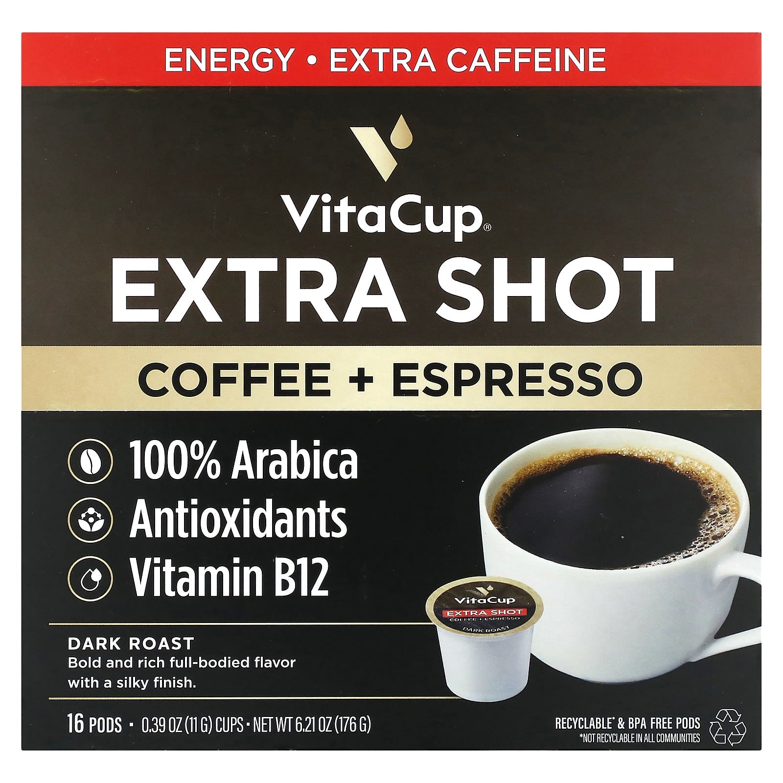 VitaCup, Extra Shot, Coffee + Espresso, Dark Roast, 16 Pods, 0.39 oz (11 g) Each - Image 1