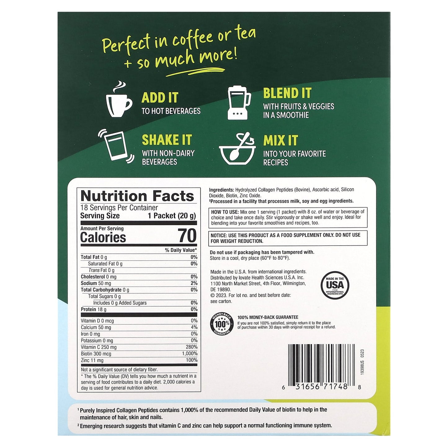 Purely Inspired, Collagen Peptides, Unflavored, 18 Single Serve Packets, 0.71 oz (20 g) Each - Image 2