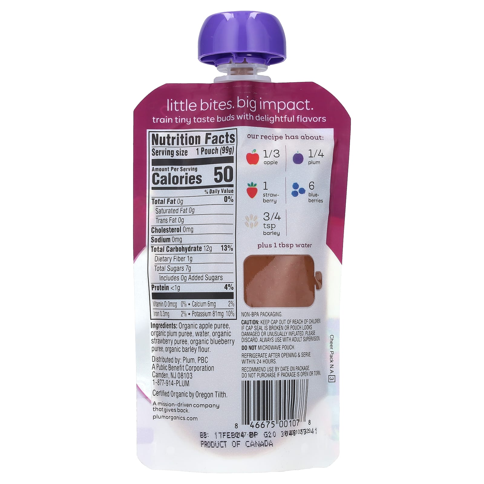 Plum Organics, Organic Baby Food, 6 Mos & Up, Apple, Plum, Berry & Barley, 3.5 oz (99 g) - Image 2