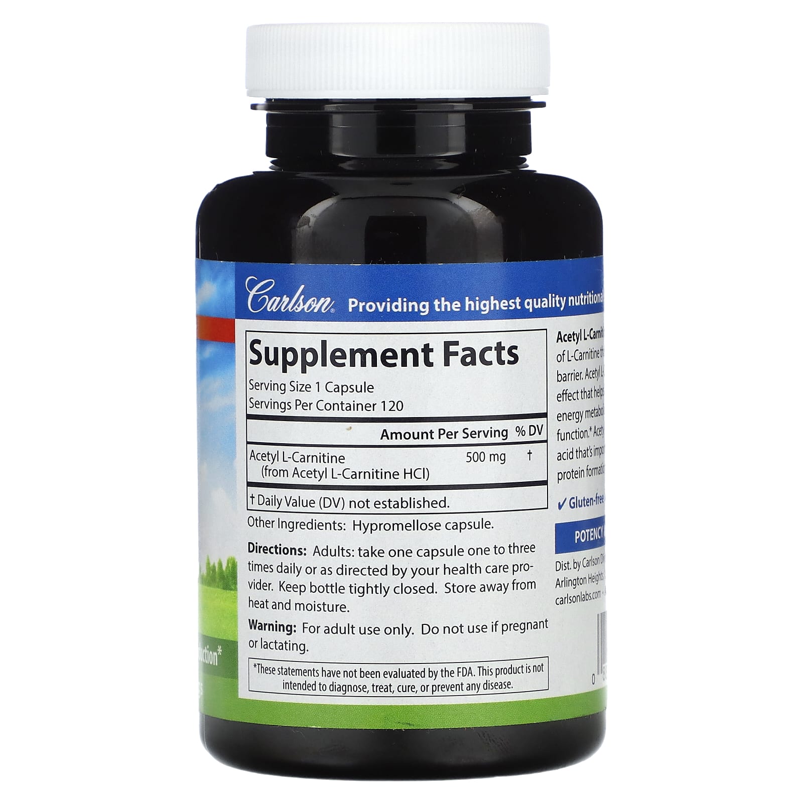 Carlson Acetyl-L-Carnitine Supplement, 500mg, 120 Capsules - Cognitive Health - Image 2
