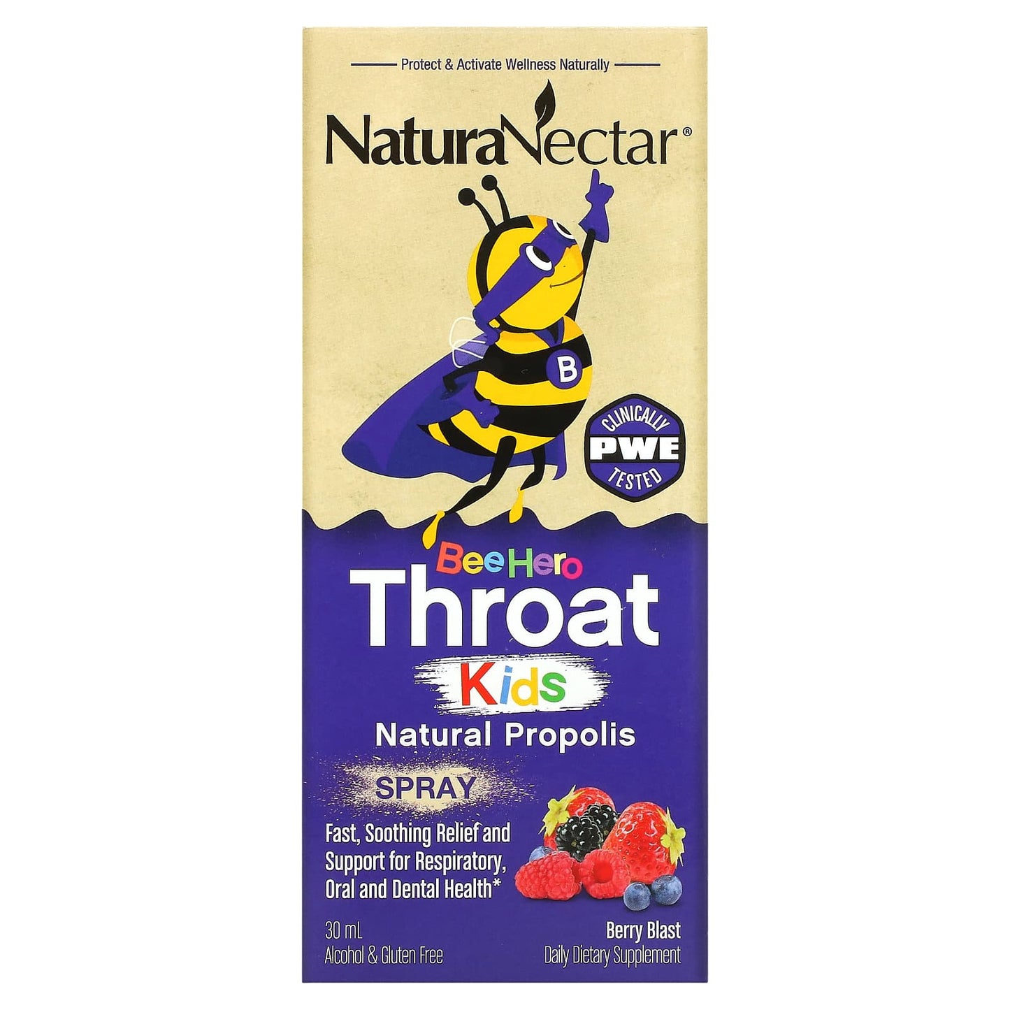 NaturaNectar, Bee Hero Throat Kids, Natural Propolis Spray, Berry Blast, 5 mg, 30 ml - Image 1