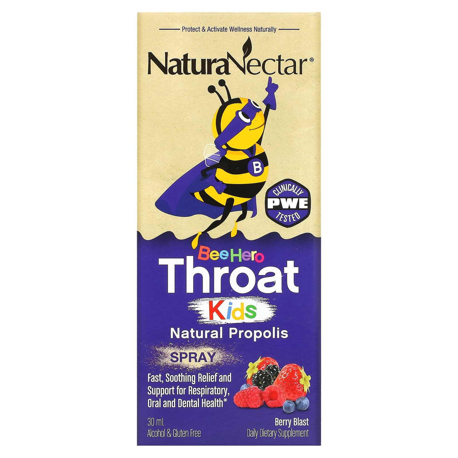 NaturaNectar, Bee Hero Throat Kids, Natural Propolis Spray, Berry Blast, 5 mg, 30 ml - Image 1