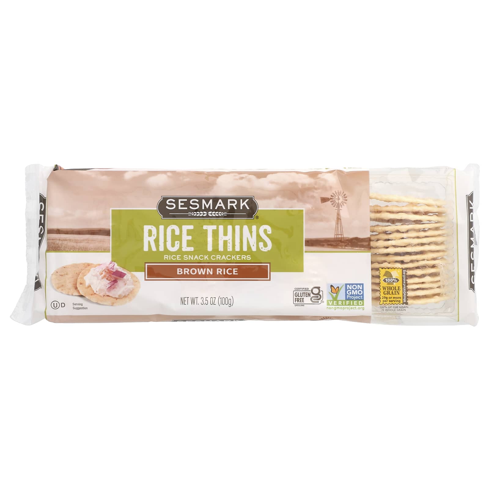 Sesmark, Rice Thins, Rice Snack Crackers, Brown Rice, 3.5 oz (100 g) - Image 1