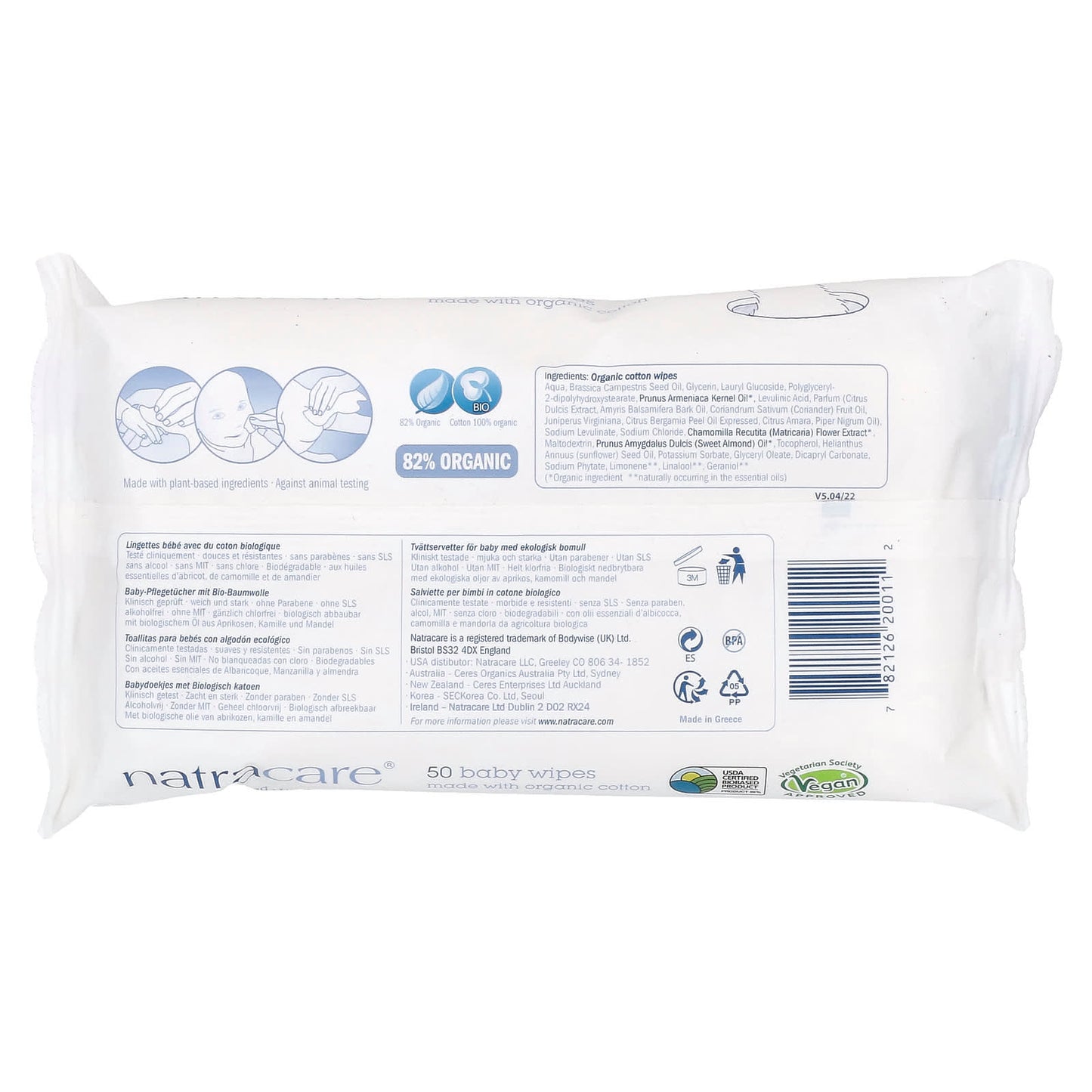 Natracare, Baby Wipes with Organic Chamomile, Apricot and Sweet Almond Oil, 50 Wipes - Image 2