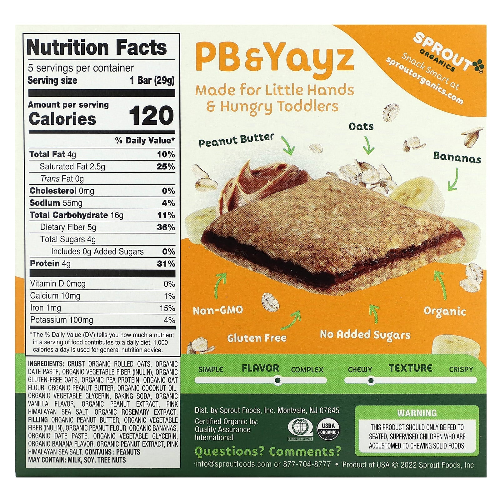 Sprout Organics, PB & Yayz, Organic Snack Sized Sandwich Bar, Peanut Butter & Banana, 5 Bars, 1.02 oz (29 g) Each - Image 2
