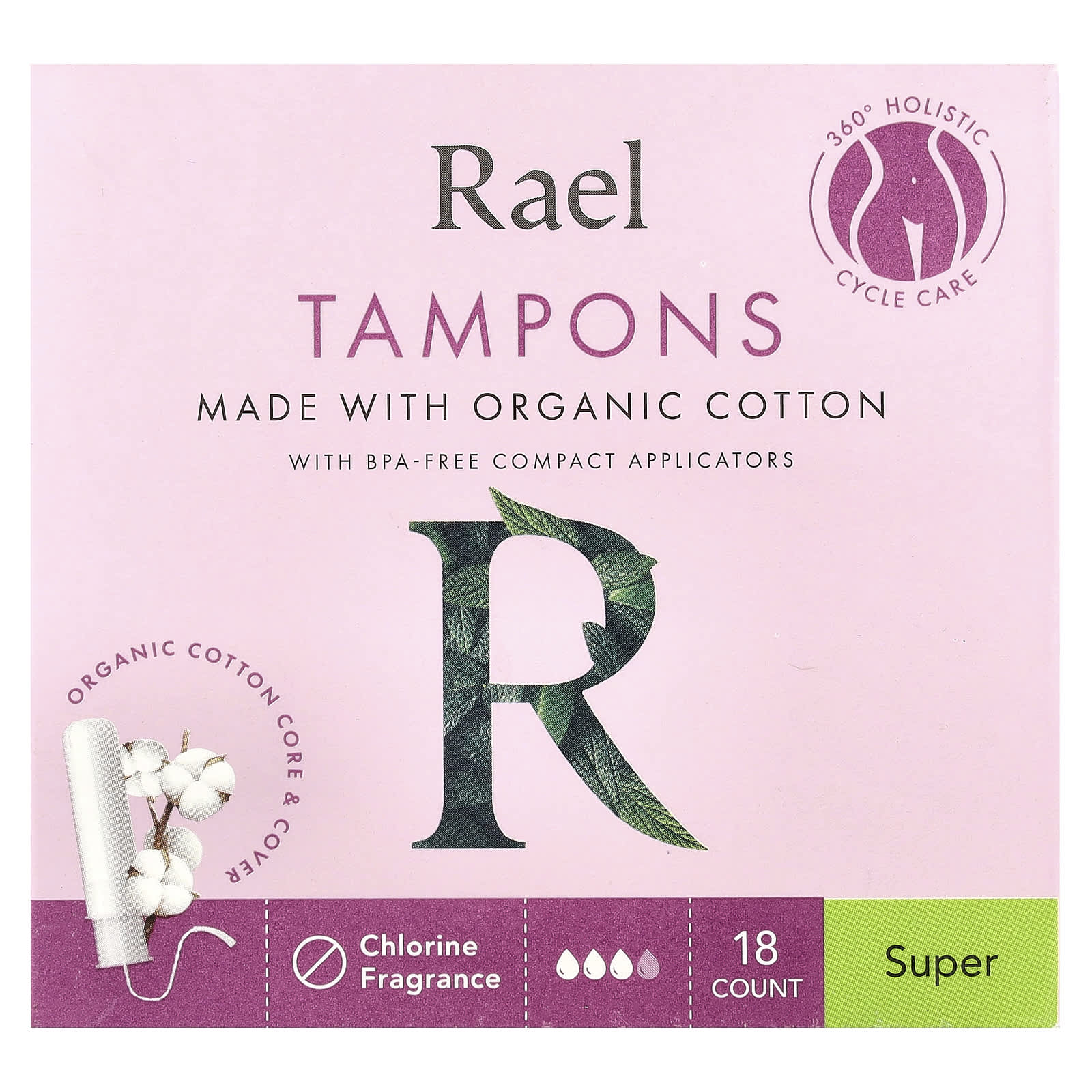 Rael, Organic Cotton Tampons, Super, Fragrance Free, 18 Count - Image 1