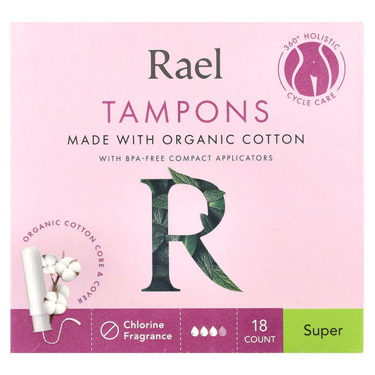 Rael, Organic Cotton Tampons, Super, Fragrance Free, 18 Count - Image 1