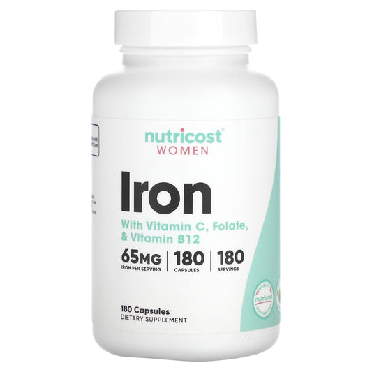 Nutricost, Women, Iron, With Vitamin C, Folate, & Vitamin B12, 180 Capsules - Image 1