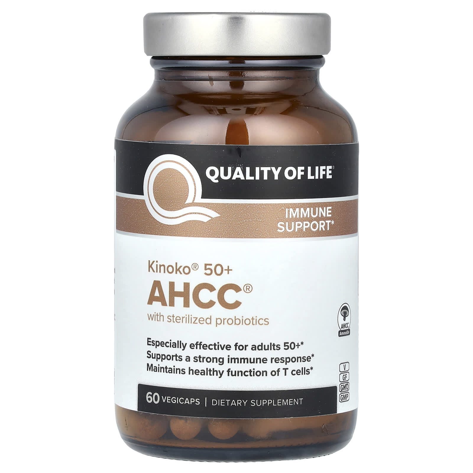 Quality of Life, Kinoko 50+ AHCC with Sterilized Probiotics, 60 Vegicaps - Image 1