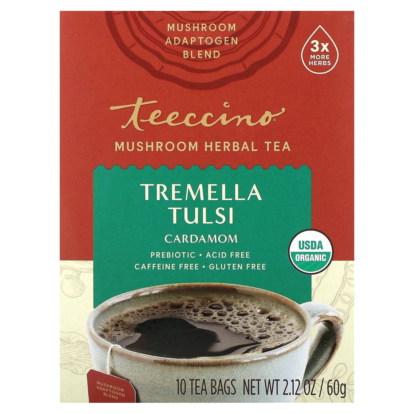 Teeccino, Mushroom Herbal Tea, Tremella Tulsi, Cardamom, Caffeine Free, 10 Tea Bags, 2.12 oz (60 g) - Image 1