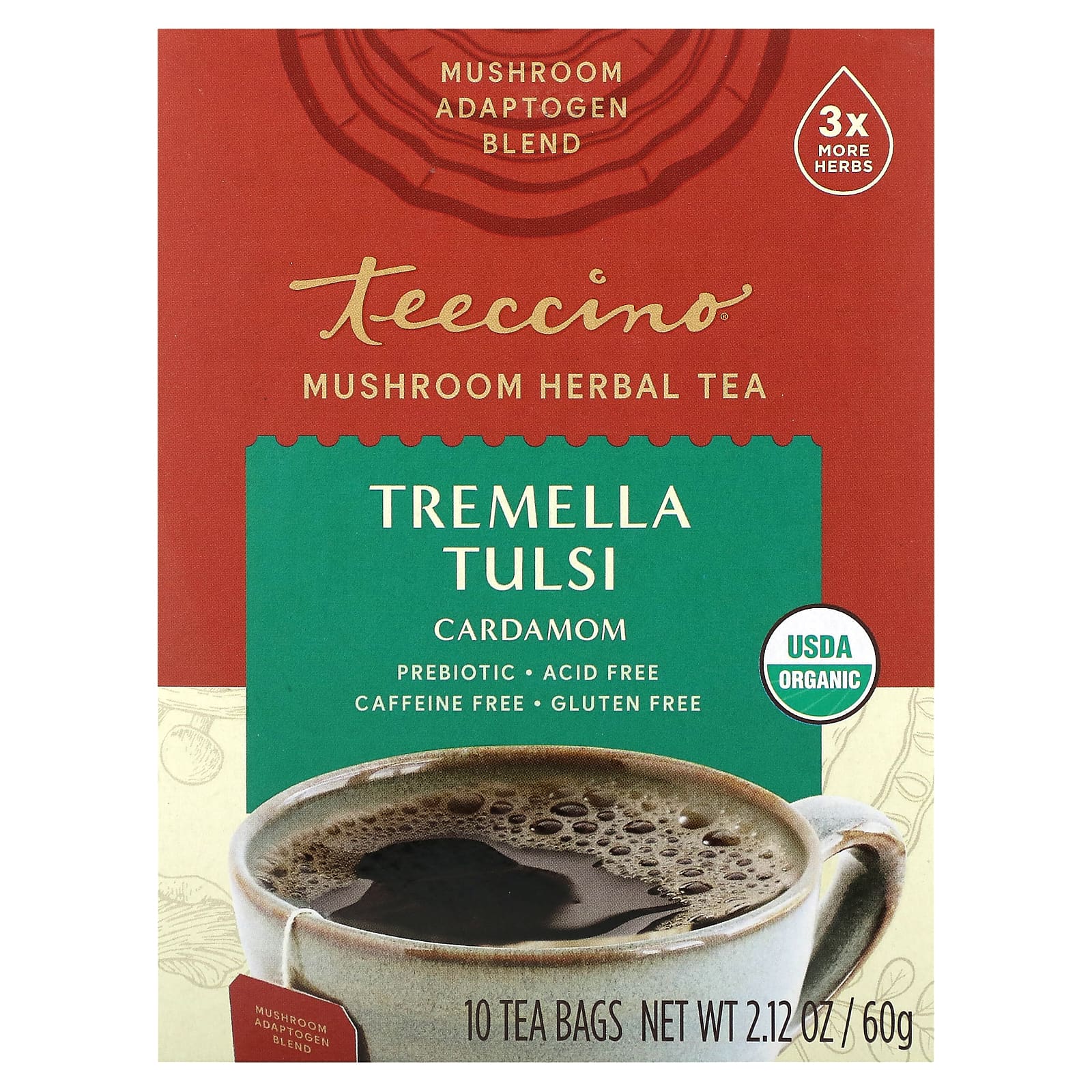 Teeccino, Mushroom Herbal Tea, Tremella Tulsi, Cardamom, Caffeine Free, 10 Tea Bags, 2.12 oz (60 g) - Image 1