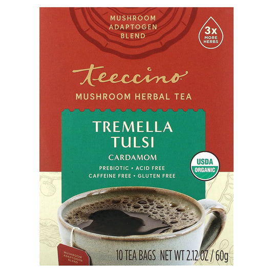 Teeccino, Mushroom Herbal Tea, Tremella Tulsi, Cardamom, Caffeine Free, 10 Tea Bags, 2.12 oz (60 g) - Image 1