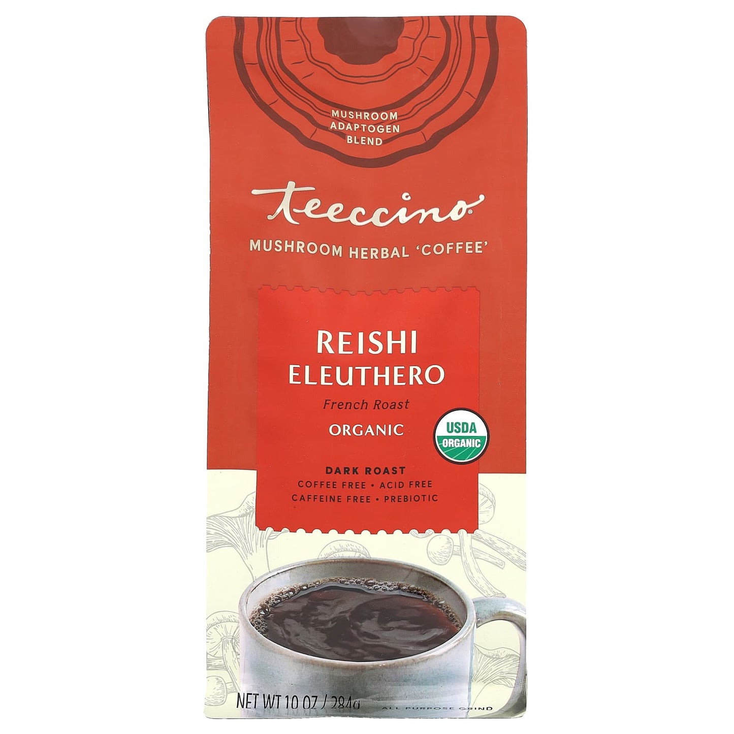 Teeccino, Mushroom Herbal Coffee, Reishi Eleuthero, Dark Roast, Caffeine Free, 10 oz (284 g) - Image 1