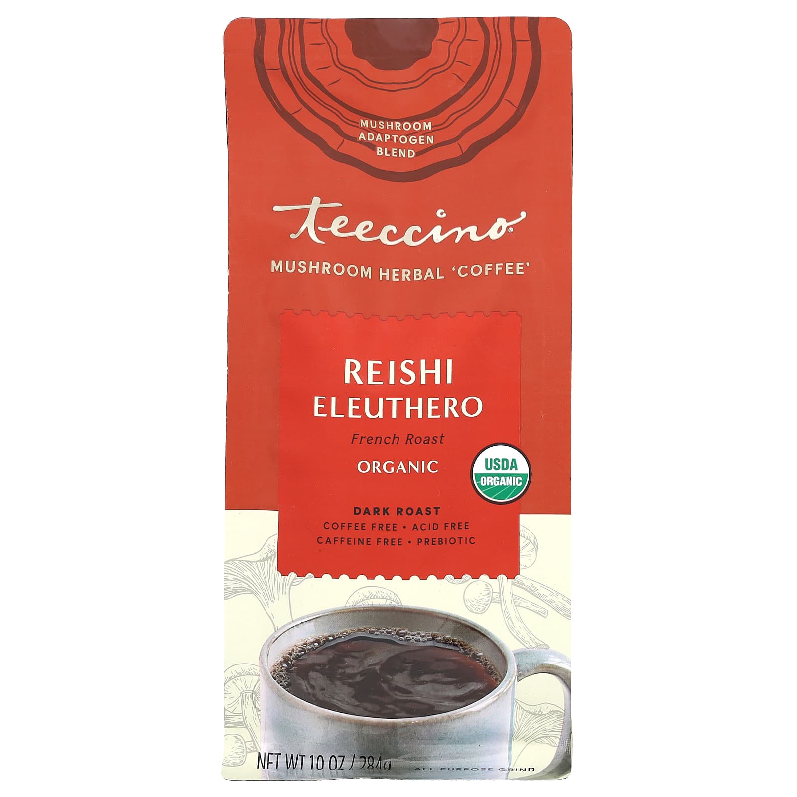 Teeccino, Mushroom Herbal Coffee, Reishi Eleuthero, Dark Roast, Caffeine Free, 10 oz (284 g) - Image 1