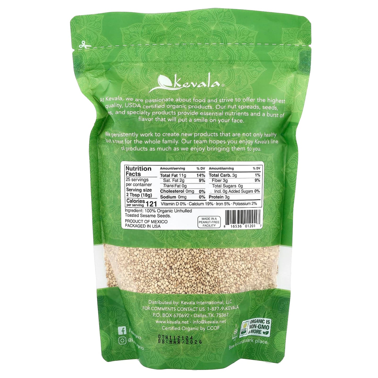 Kevala, Organic Toasted Sesame Seeds, Unhulled, 16 oz (454 g) - Image 2
