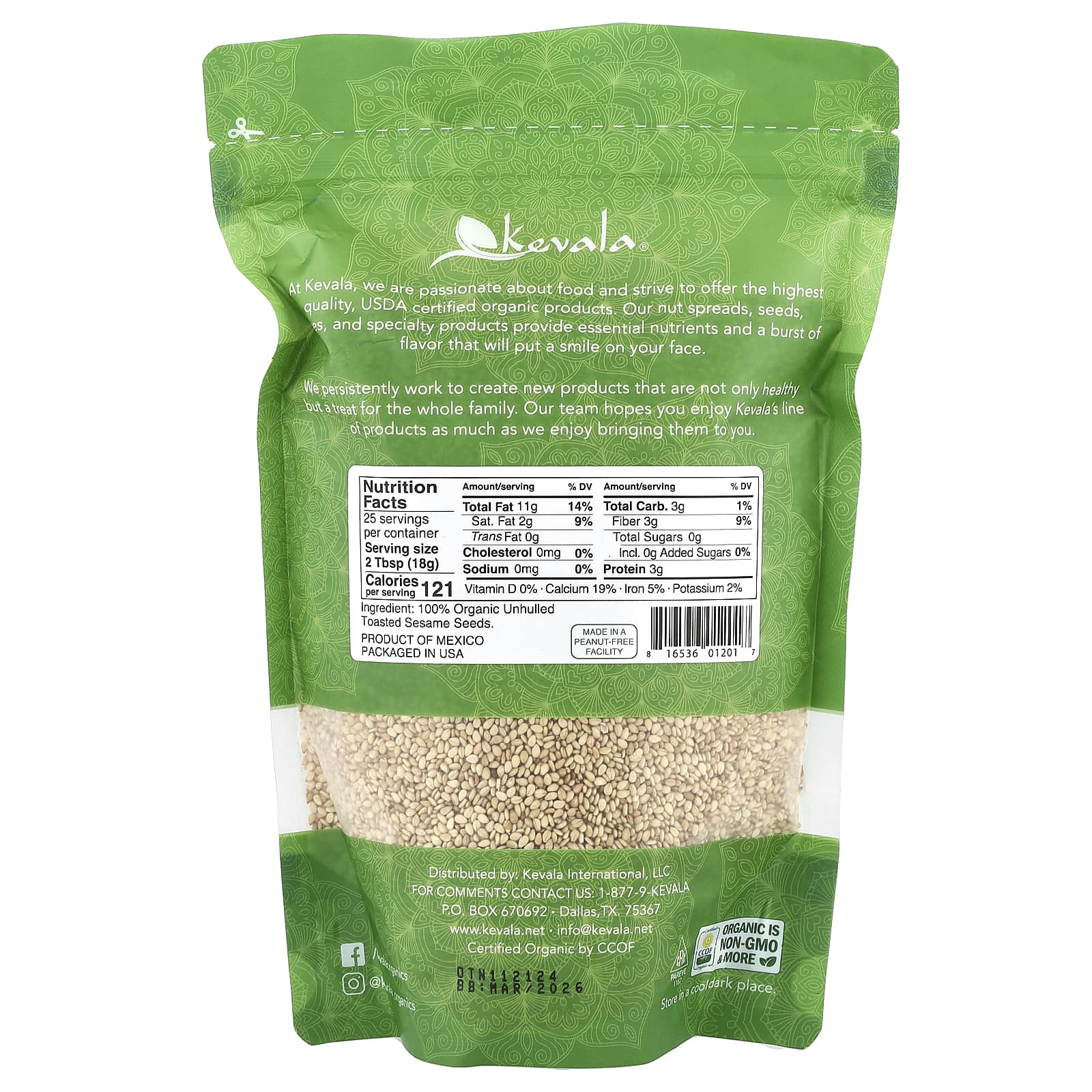 Kevala, Organic Toasted Sesame Seeds, Unhulled, 16 oz (454 g) - Image 2