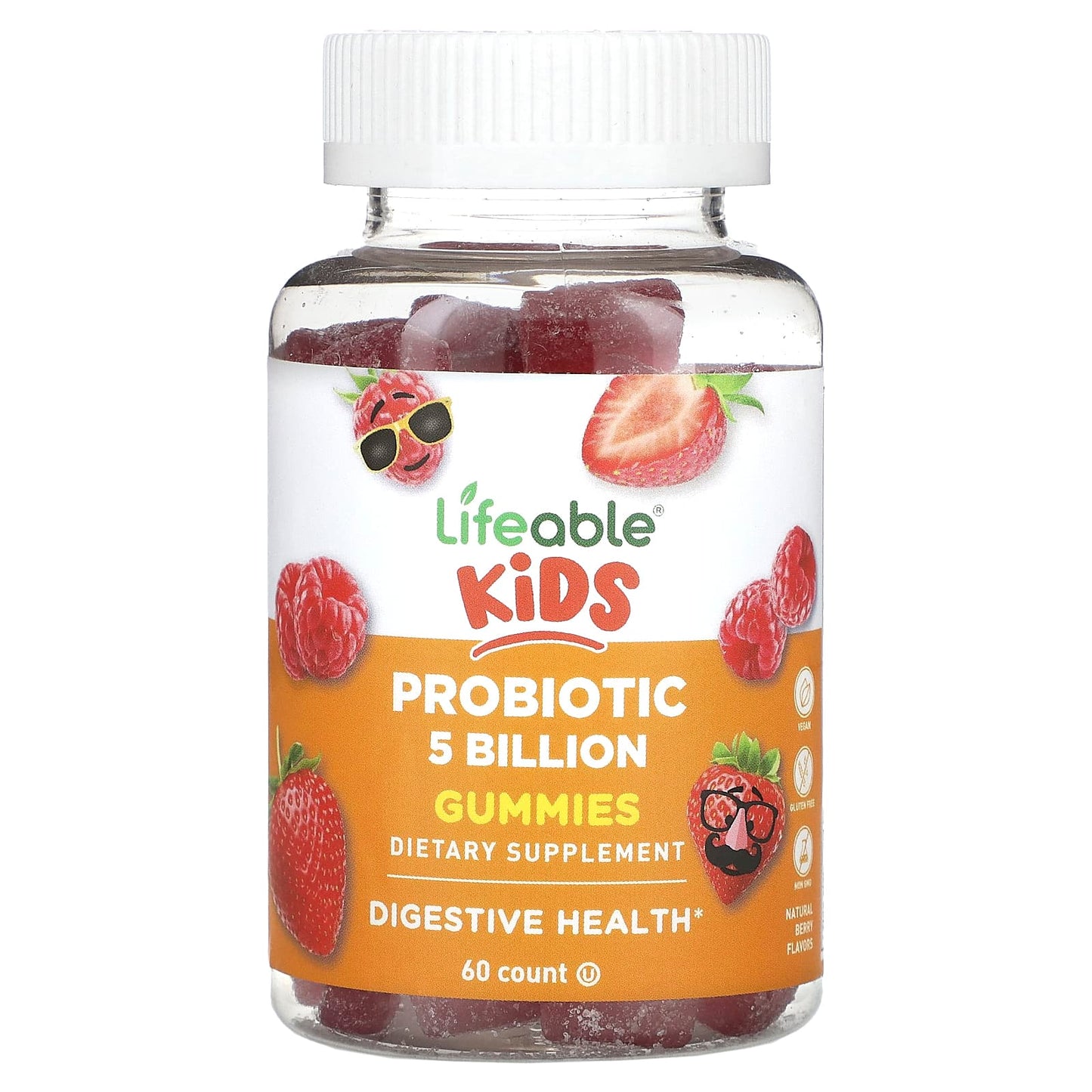 Lifeable, Kids Probiotic Gummies, Natural Berry, 5 Billion, 60 Gummies