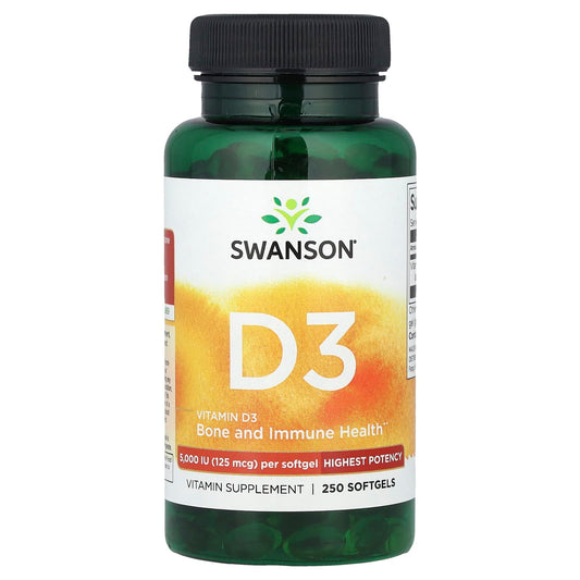 Swanson, Vitamin D3, Highest Potency, 125 mcg (5,000 IU), 250 Softgels - Image 1