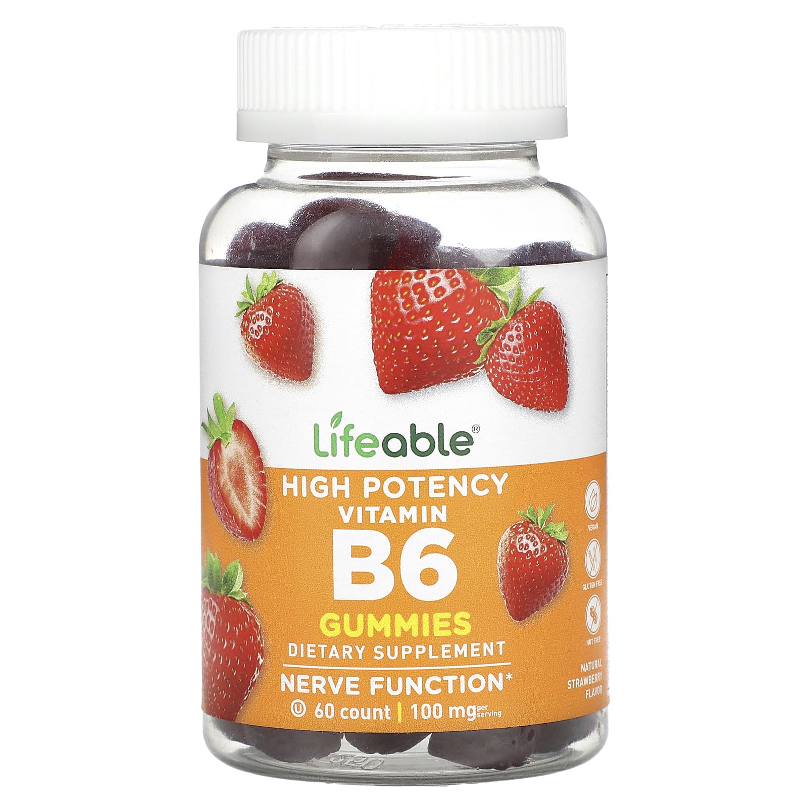 Lifeable, High Potency Vitamin B6 Gummies, Natural Strawberry, 60 Gummies (50 mg per Gummy) - Image 1