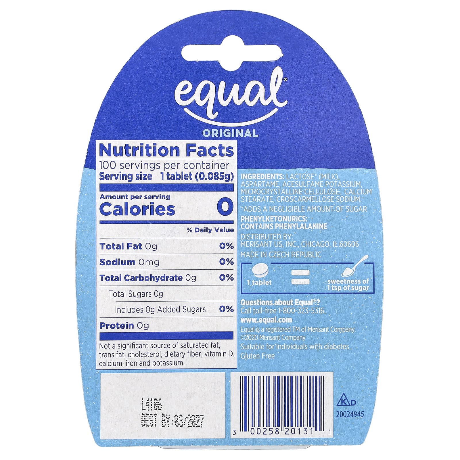 Equal, Zero Calorie Sweetener, Original, 100 Tablets