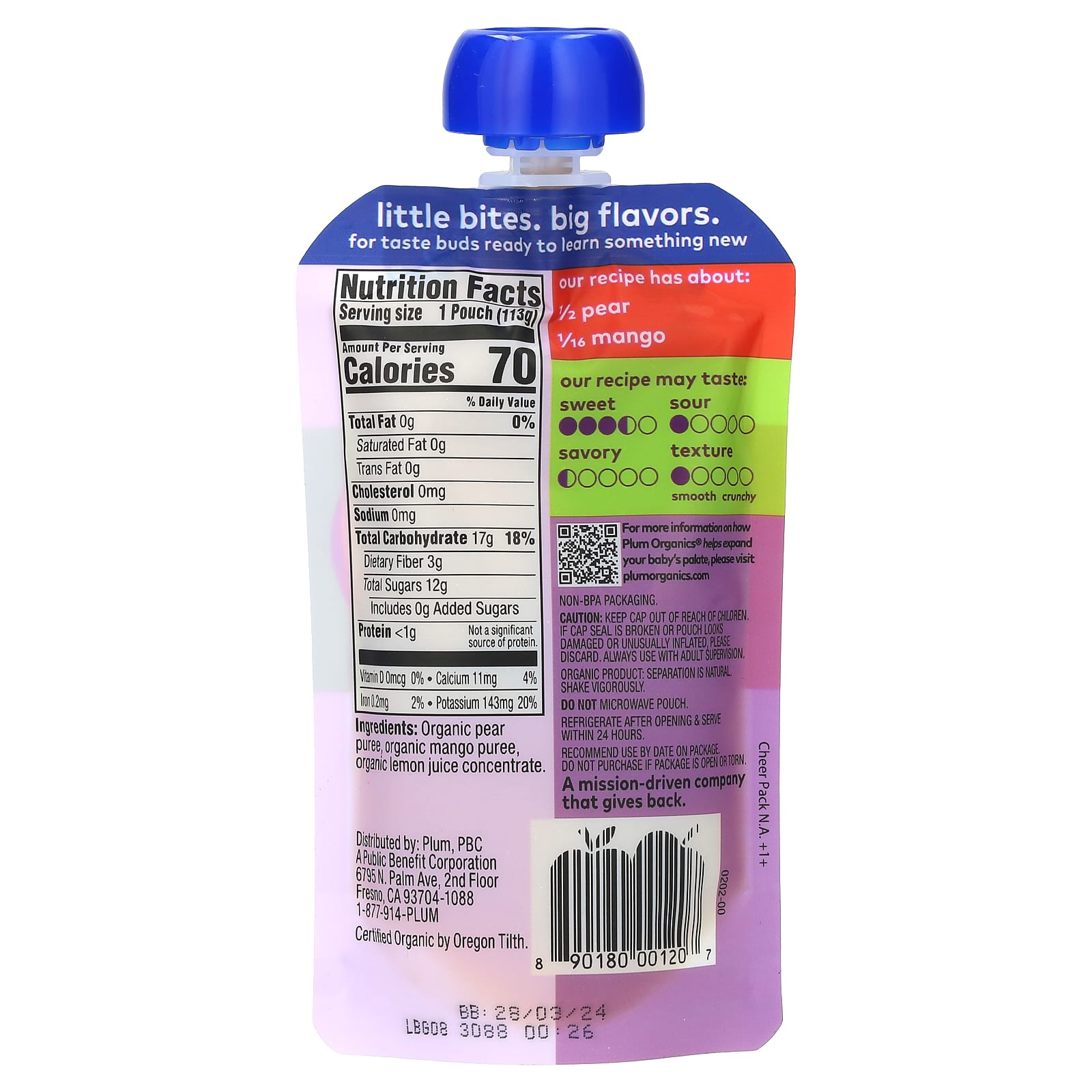 Plum Organics, Organic Baby Food, 6+ Months, Pear & Mango, 4 oz (113 g) - Image 2