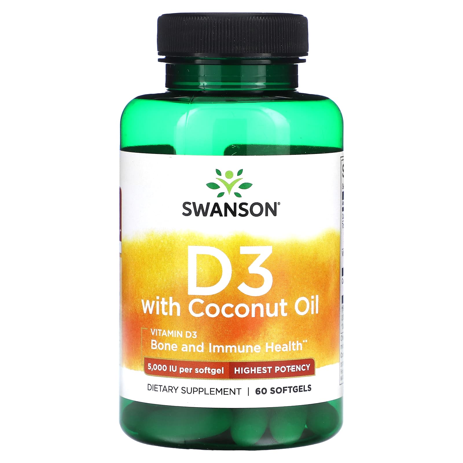 Swanson, D3 with Coconut Oil, Highest Potency, 125 mcg (5,000 IU), 60 Softgels - Image 1