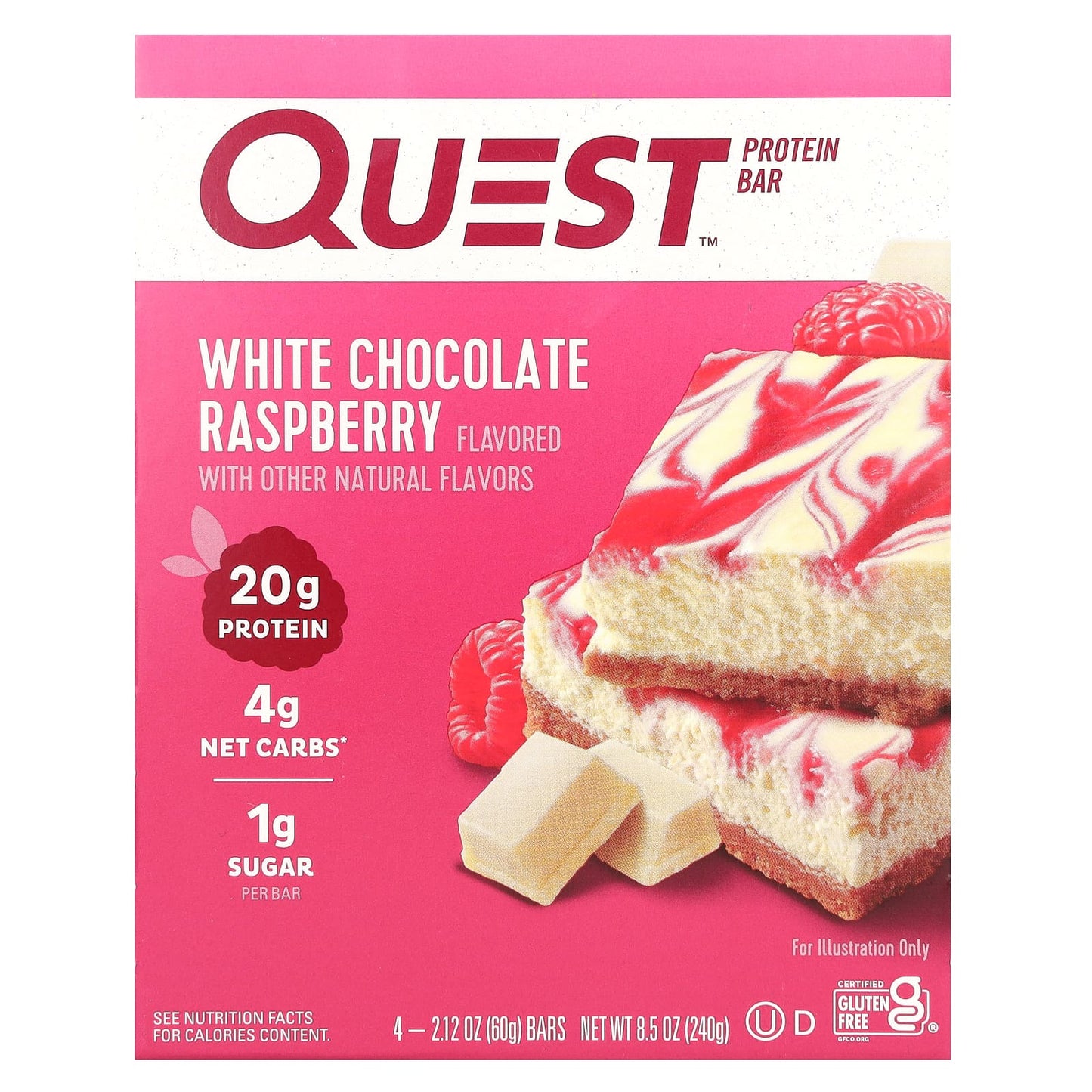 Quest Nutrition, Protein Bar, White Chocolate Raspberry, 4 Bars, 2.12 oz (60 g) Each - Image 1