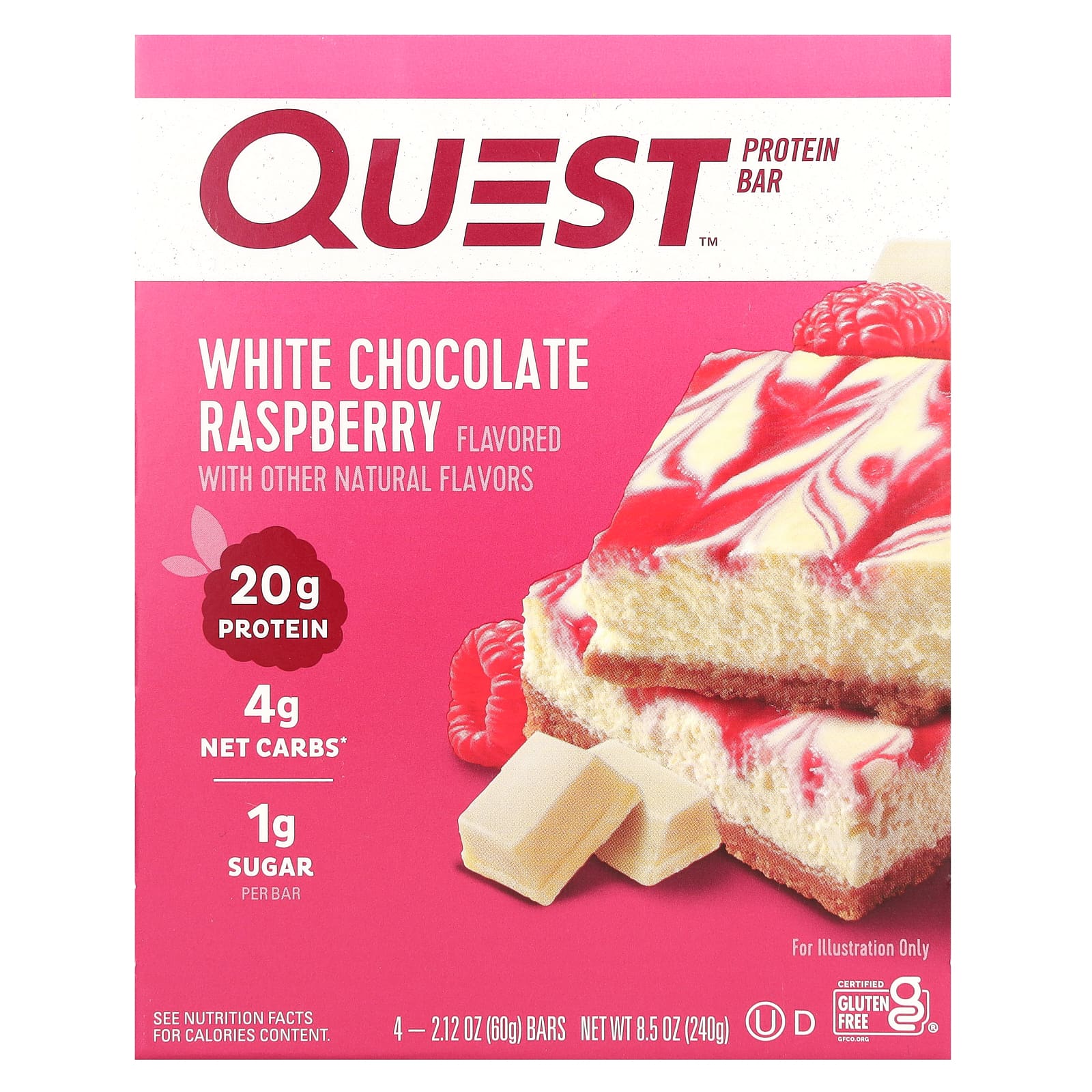 Quest Nutrition, Protein Bar, White Chocolate Raspberry, 4 Bars, 2.12 oz (60 g) Each - Image 1