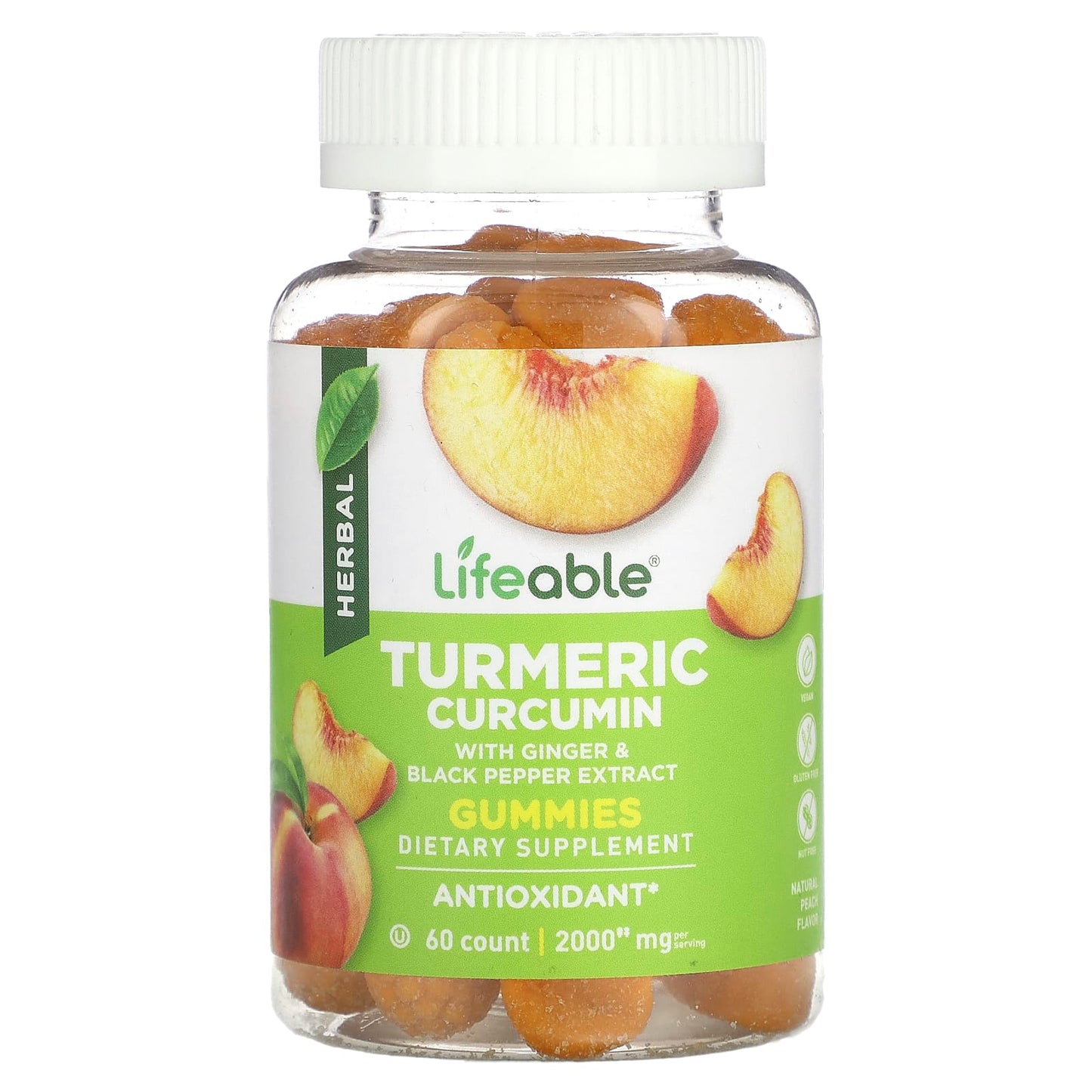 Lifeable, Turmeric Curcumin Gummies, Natural Peach, 60 Gummies - Image 1
