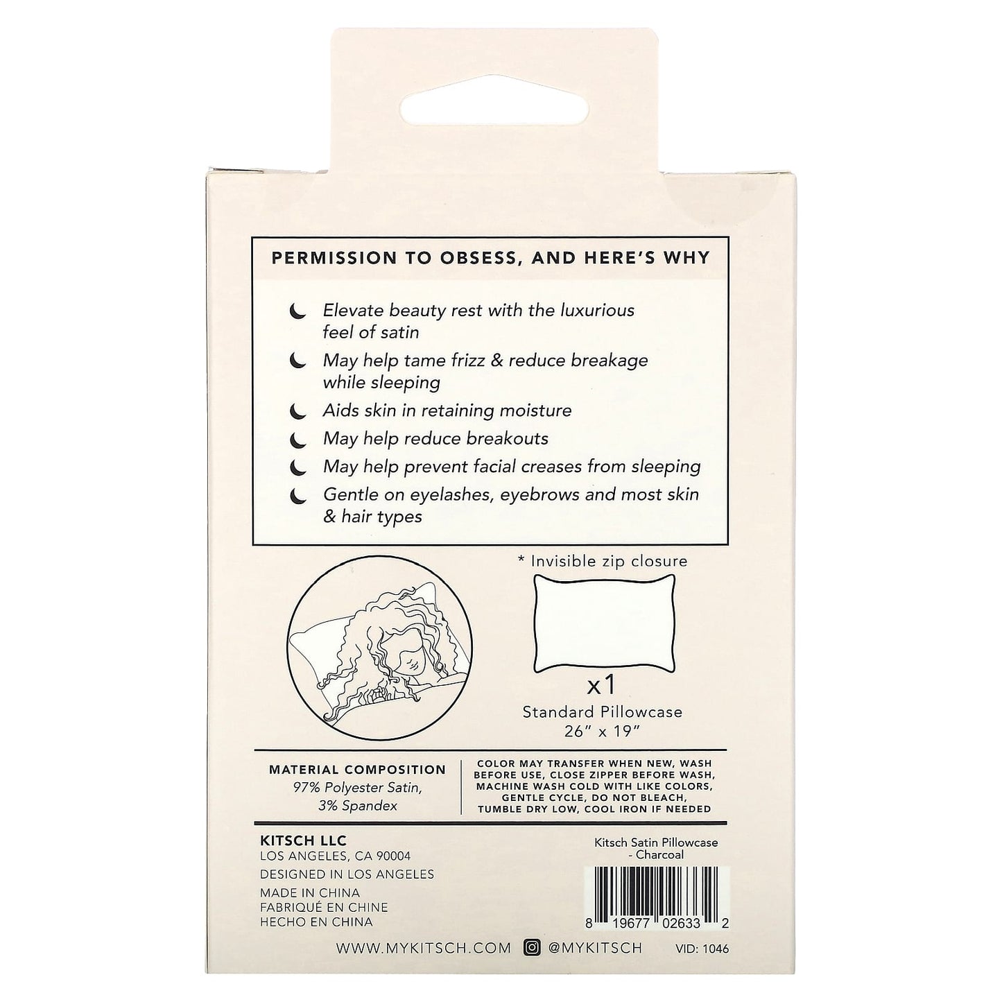 Kitsch, The Satin Pillowcase, Standard Size, Charcoal, 1 Pillowcase - Image 2