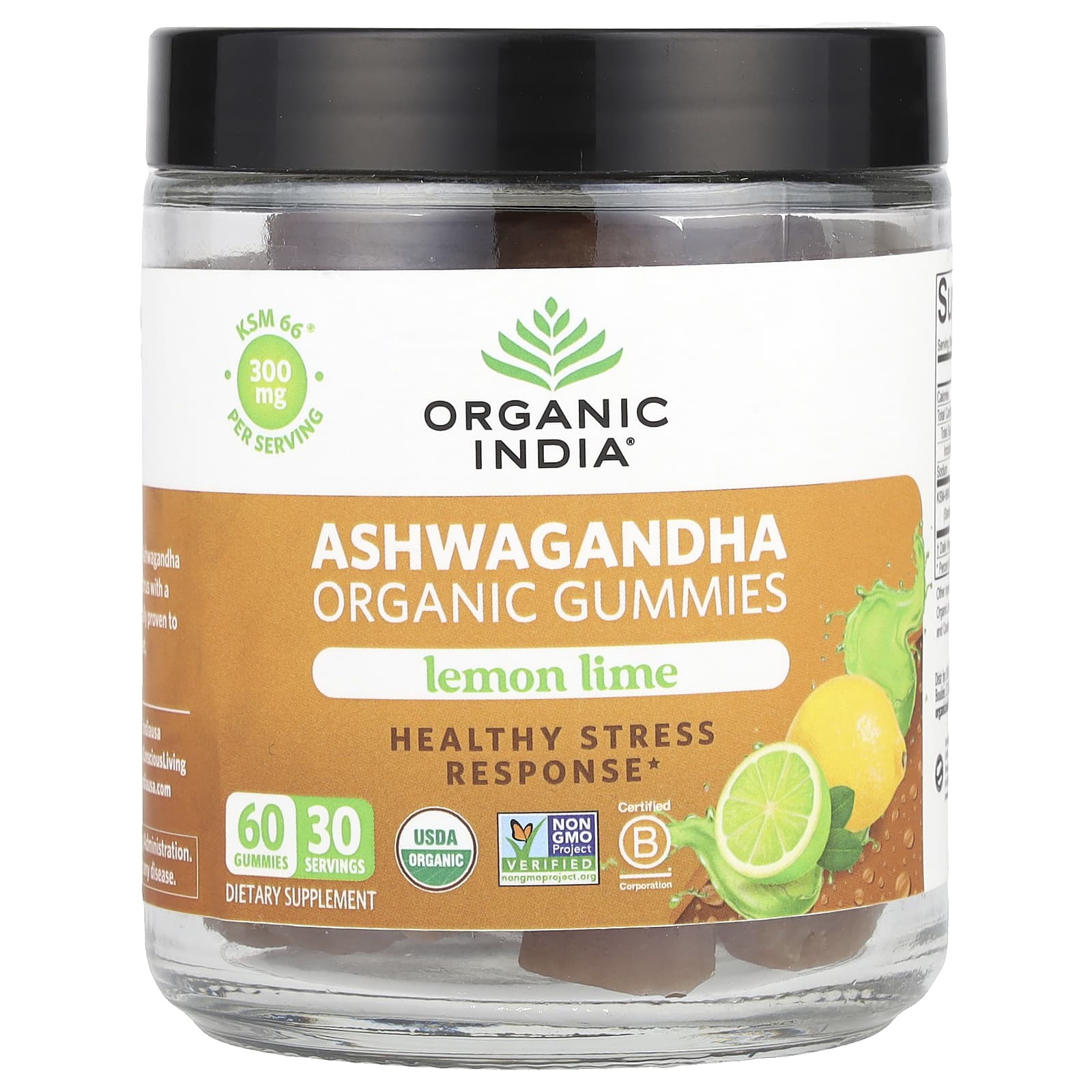 Organic India, Organic Ashwagandha Gummies, Lemon Lime, 60 Gummies (150 mg Per Gummy) - Image 1