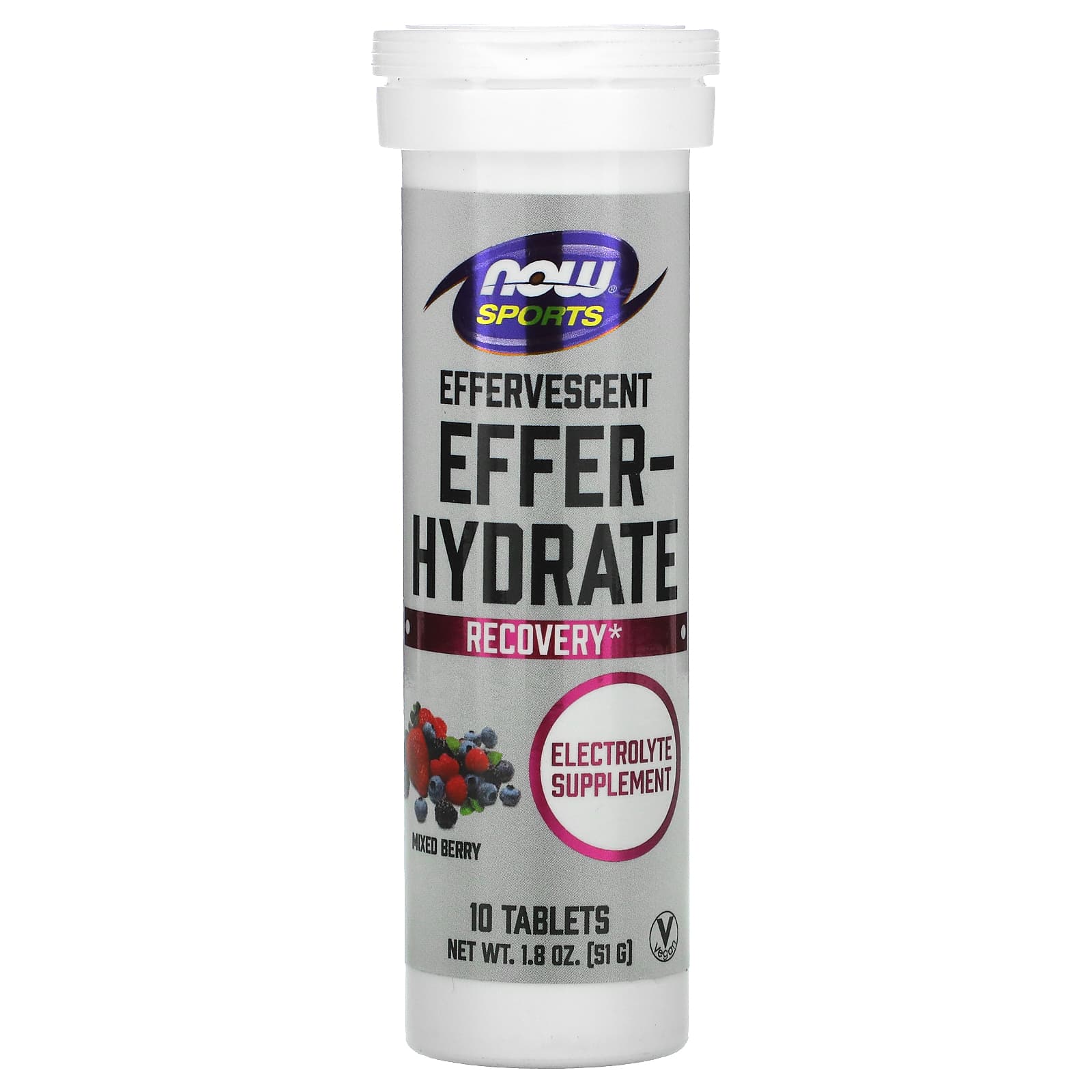 NOW Foods, Sports, Effer-Hydrate, Mixed Berry, 10 Tablets, 1.8 oz (51 g) - Image 1