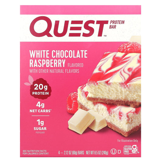 Quest Nutrition, Protein Bar, White Chocolate Raspberry, 4 Bars, 2.12 oz (60 g) Each - Image 1
