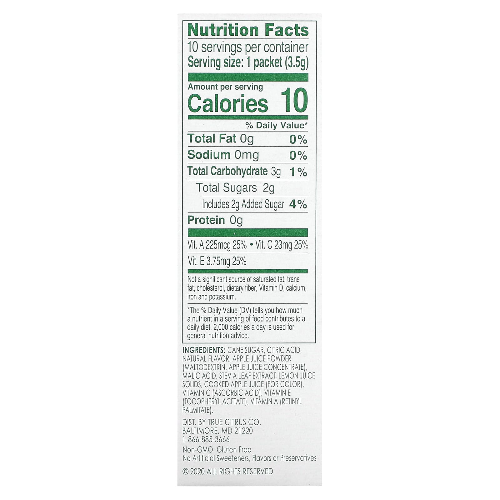 True Citrus, True Lemon, Kids Drink Mix, Crisp Apple, 10 Packets, 0.12 oz (3.5 g) Each
