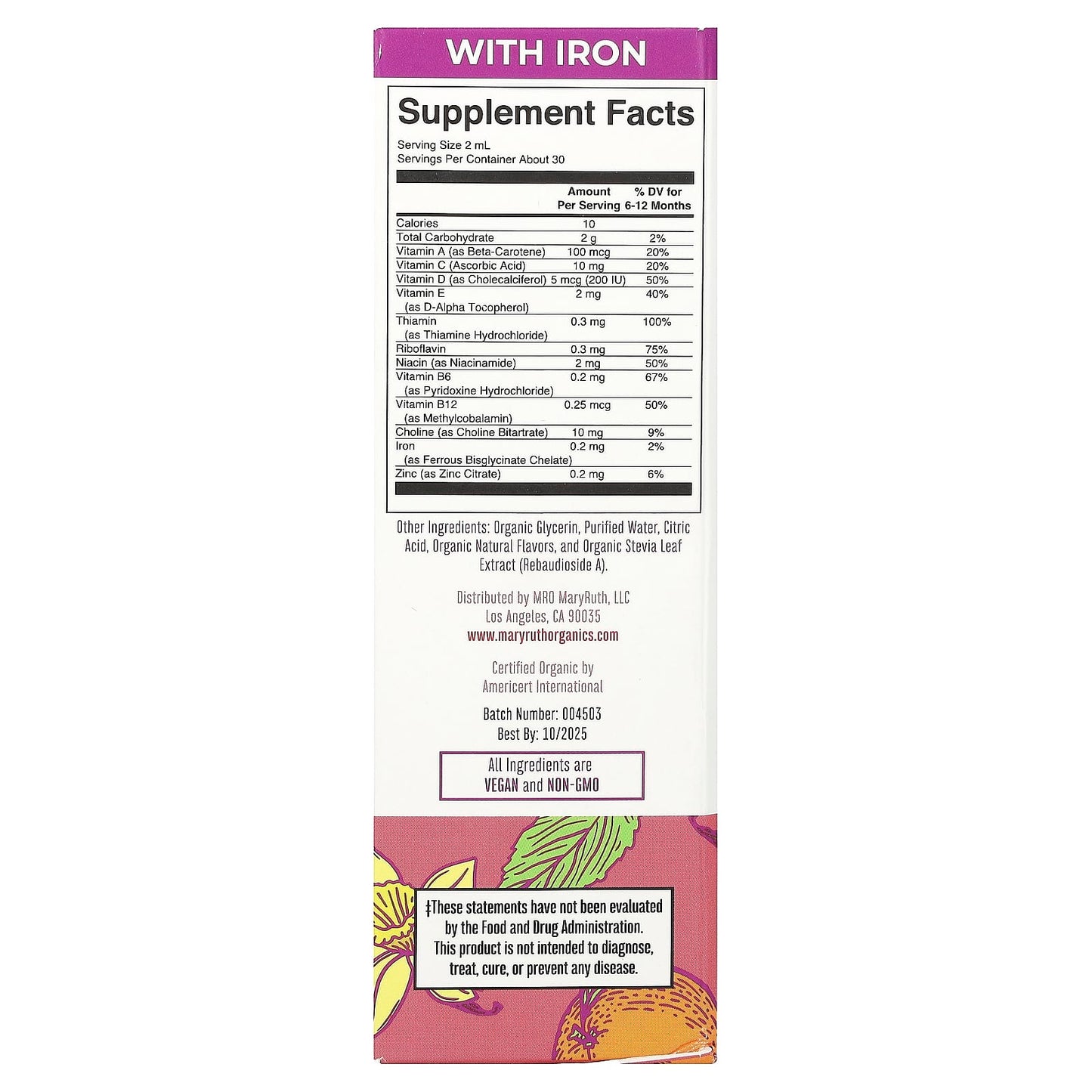 MaryRuth's, Organic Infant Multivitamin Liquid Drops, 6 - 12 Months, Orange Vanilla, 2 fl oz (60 ml) - Image 2