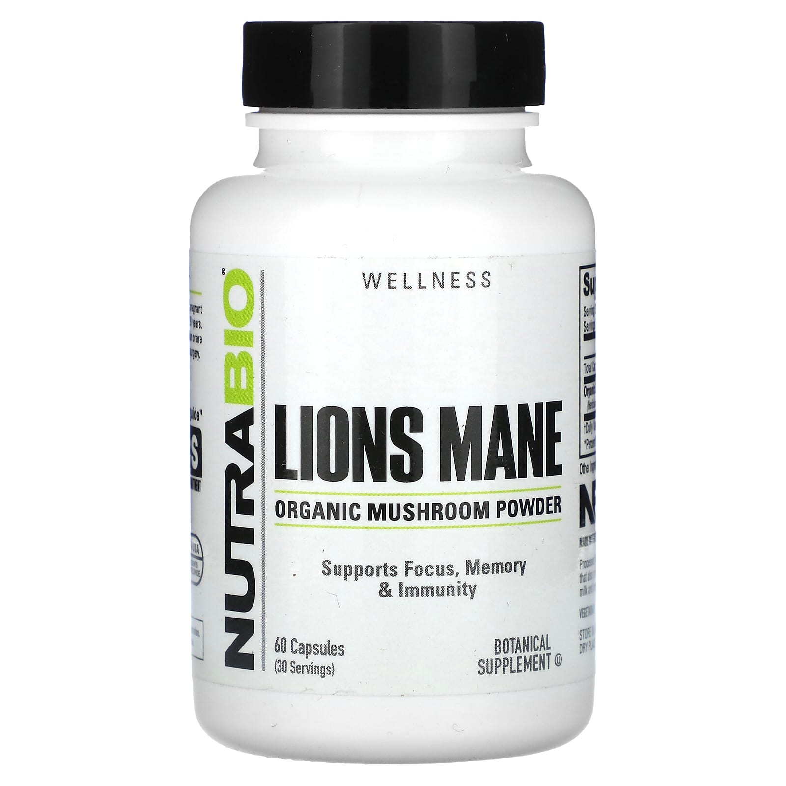 NutraBio, Organic Lions Mane, 60 Capsules (0.5 g per Capsule) - Image 1